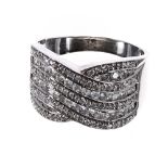 Fancy 18ct white gold diamond cross-over ring, band width 13mm, 7.8gm, ring size R/S