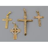 9ct ornate crucifix pendant, 2" long; together with a 9ct two tone Celtic cross pendant