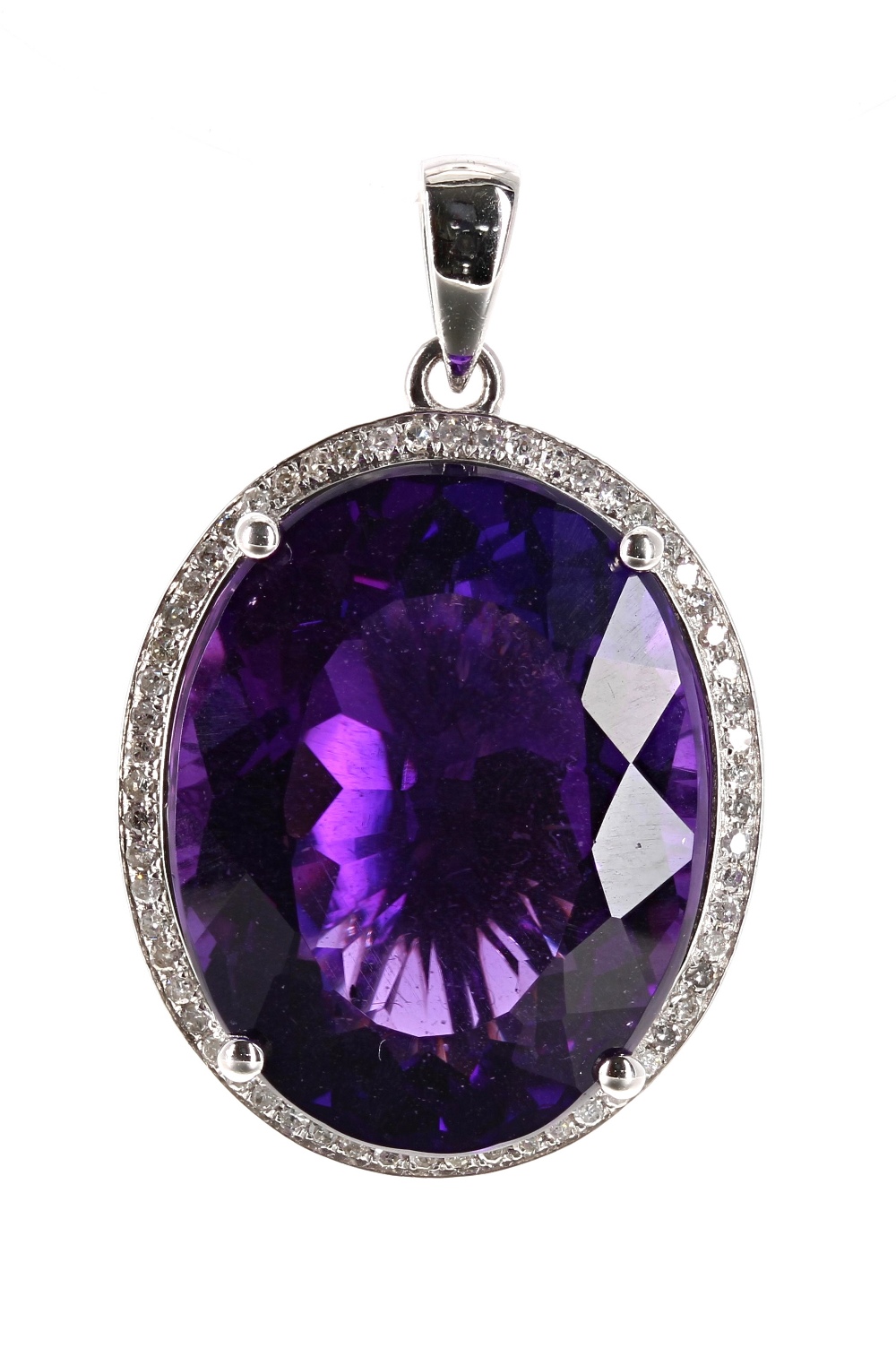 Modern 14ct white gold amethyst and diamond oval pendant, the amethyst of good colour measuring 22mm