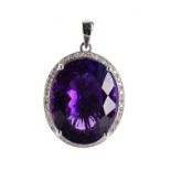 Modern 14ct white gold amethyst and diamond oval pendant, the amethyst of good colour measuring 22mm