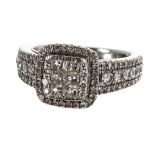 18ct white gold pavé diamond cluster ring, set with princess and round brilliant-cuts, 10mm, 5gm,