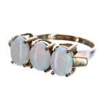 9ct opal three stone cabouchon ring, width 8mm, 4.4gm, ring size N