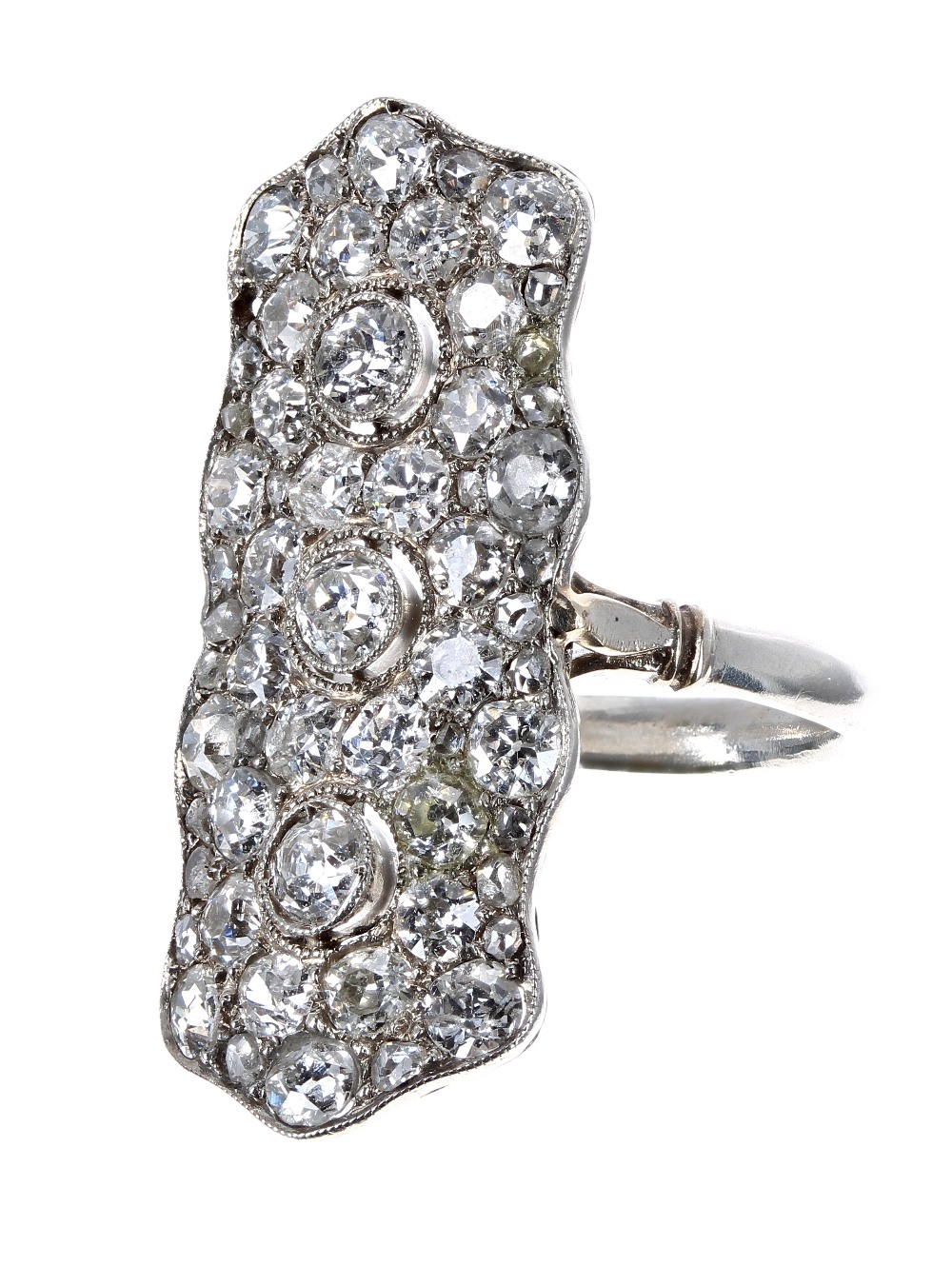 Impressive Art Deco platinum old-cut diamond plaque ring, with three central principal diamonds in a