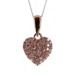 Pink diamond rose gold heart pendant on a 9ct white gold necklace, the pendant 18mm x 9mm, 1.4gm