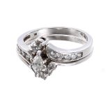 14ct white gold and diamond double crossover two-piece bridal ring, with a centred marquise