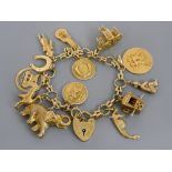 9ct charm bracelet with padlock clasp, safety chain and thirteen 9ct charms, 47.8gm