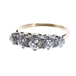 Good quality five stone old-cut diamond ring, in yellow gold with a white metal claw setting, 1.50ct