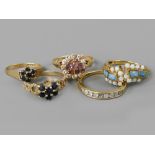 9ct opal ring (two stones missing); together with four further 9ct rings (each with one stone