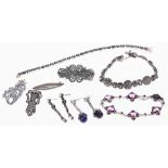 Collection of assorted silver paste and marcasite jewellery including three bracelets, earrings,