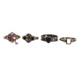 Four antique rings for repair to include an 18ct 1.5gm, 9ct mourning ring 1.9gm; 14ct ring 1.6gm;