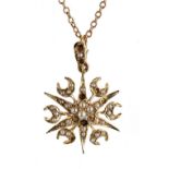 Edwardian seed pearl mounted pendant on a slender necklet, the pendant 17mm, 3.6gm overall