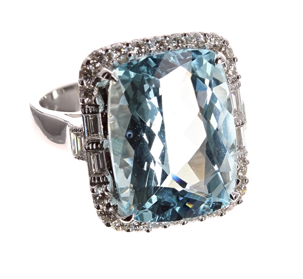 Impressive large 18ct white gold large aquamarine and diamond cluster ring, the aquamarine 10.27ct