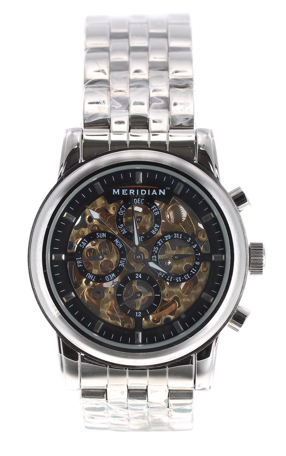 Meridian automatic stainless steel gentleman's bracelet watch, circular black dial with skeleton - Image 2 of 3