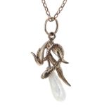 Gold serpent and pearl pendant on a slender necklet, 2.4gm, the pendant 28mm x 11mm