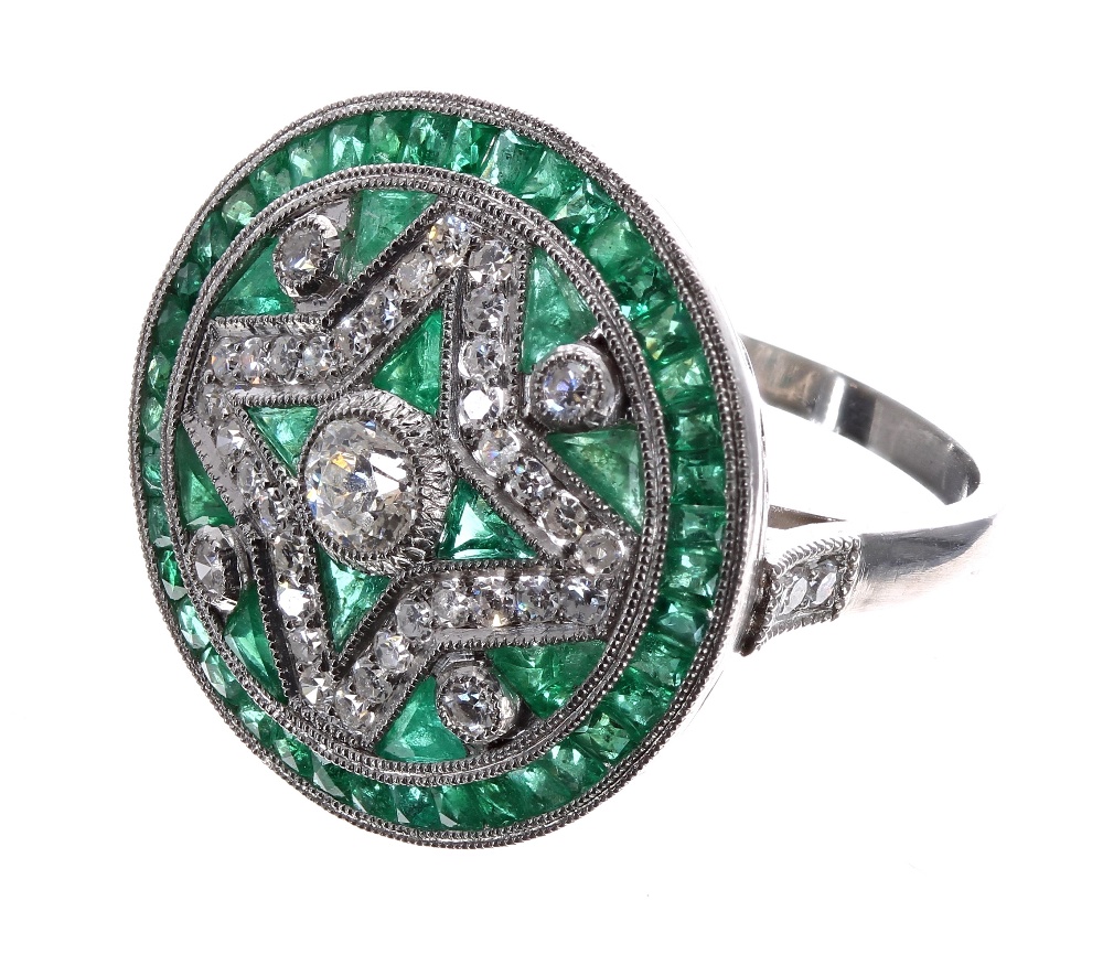 Impressive large vintage style emerald and diamond circular cluster cocktail ring, 22mm diameter,