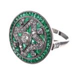 Impressive large vintage style emerald and diamond circular cluster cocktail ring, 22mm diameter,