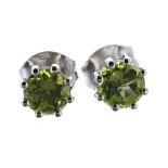 Pair peridot stud earrings in 9ct white gold, 6mm