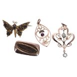 9ct butterfly stone set brooch, two 9ct pendants and a mourning brooch, 8.6gm (4)