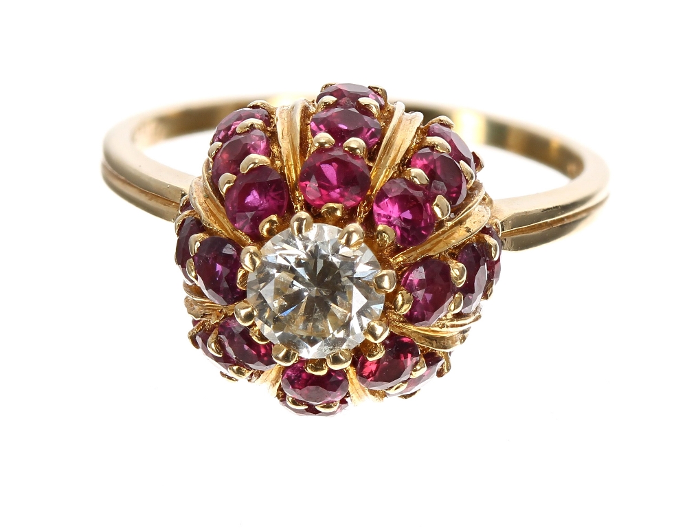 18ct domed ruby and diamond cluster ring, the diamond 0.50ct approx, clarity VS, colour J-K, in a - Image 3 of 3