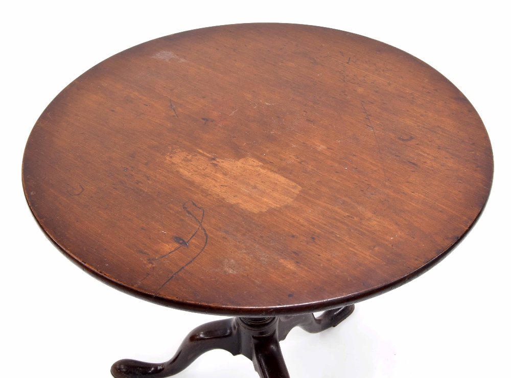 Georgian mahogany circular tilt top tripod table, the plain top on a slender turned support and - Image 2 of 2