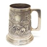 Indian sterling silver cylindrical tankard, relief decorated with a landscape with figures in