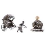 Miniature articulated (800) silver and ivory figure of an Oriental nodding wise man seated on a