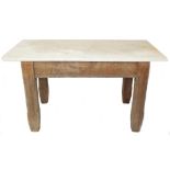 Arts & Crafts oak occasional table with a rectangular marble top, 49.5" x 24", 27.25" high