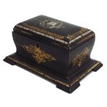 Victorian papier mache painted tea caddy, the hinged domed cover with mother of pearl inlay border
