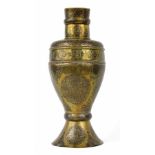 Aesthetic Movement brass urn vase in the manner of Christopher Dresser, 15" high