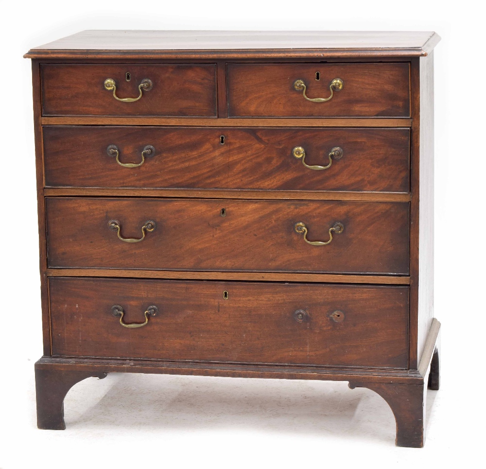 Good George III mahogany chest of drawers, the moulded stepped top over two short and three long