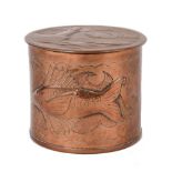 Herbert Dyer Arts and Crafts cylindrical copper box and cover, the repousse body with hammered