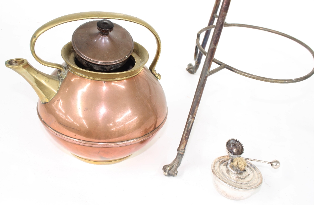 Victorian brass and copper kettle on a tall plated burner tripod stand with ball and claw feet in - Image 2 of 2