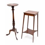 Edwardian mahogany inlaid two tier side table, the 12" square satinwood crossbanded top supported