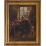 Circle of Ralph Hedley (c.1851-1913) - Figure seated in an artist's studio, examining an oil