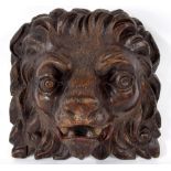 Interesting 17th/18th century carved lion mask, parcel polychrome decorated, 11" high, 12" wide
