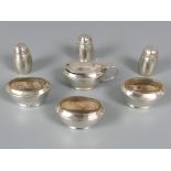 Chinese export silver (0.900) seven piece cruet set complete with four original glass liners,