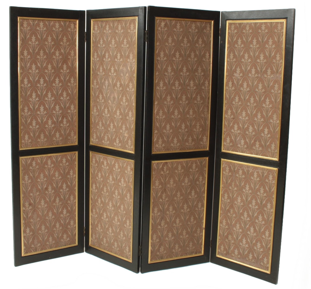 Aesthetic Movement ebonised beech four-fold screen in the manner of Owen Jones, each inset with - Image 2 of 3