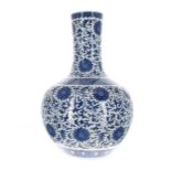 Fine large Chinese porcelain blue and white bottle vase, painted in underglaze blue with lotus
