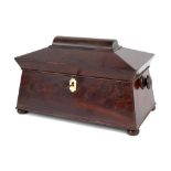 19th century rosewood sarcophagus tea caddy, the hinged cover enclosing fitted interior of two
