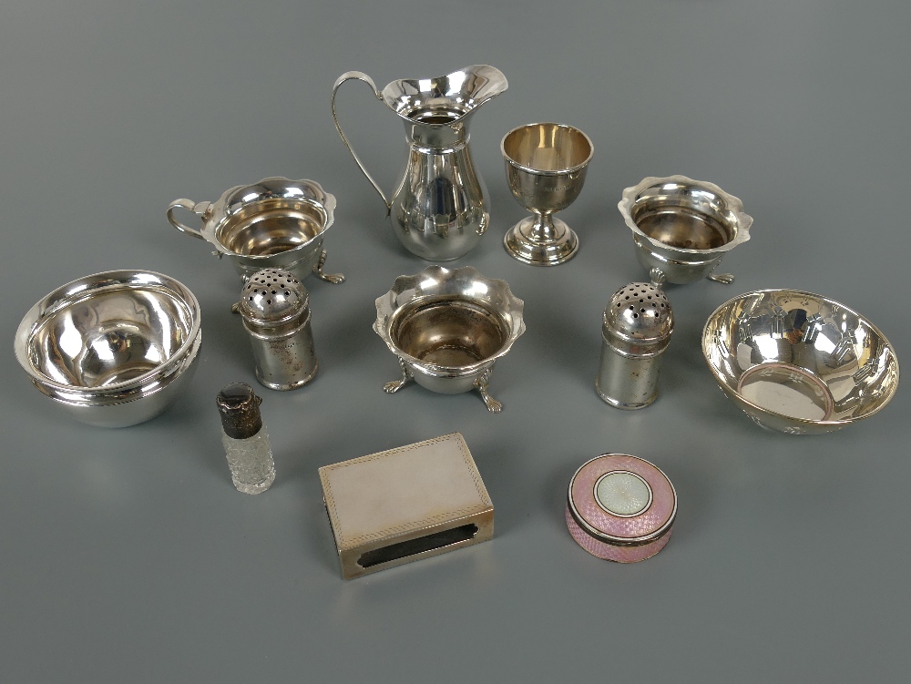 Mixed lot of antique and vintage silver items including a three piece cruet set, Chester, matching