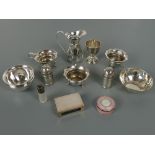 Mixed lot of antique and vintage silver items including a three piece cruet set, Chester, matching