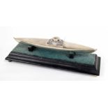 Victorian novelty silver ink stand, modelled as a boat, with small glass ink well (lid lost at