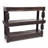 Early 17th century and later English oak three tier buffet, the planked moulded reeded top united to