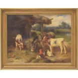 Walter Hunt (1861-1941) - Farmyard scene with a donkey, two calves and chickens, landscape beyond,