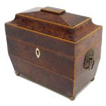 Georgian yew wood sarcophagus tea caddy, with divided and further covered interior, twin brass