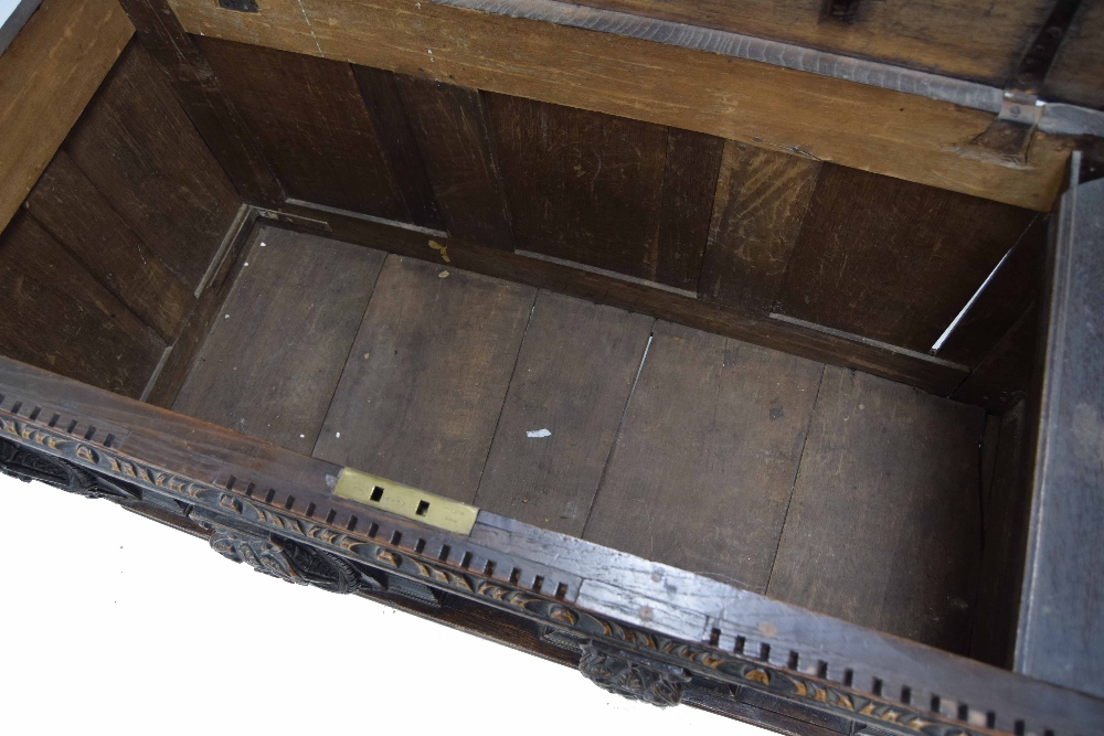 Rare Elizabeth I and later oak inlaid coffer, the planked moulded top opening to reveal a candle box - Image 2 of 2