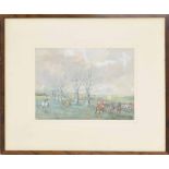 Michael Lyne (1912-1989) - 'The Ledbury', a hunting scene with figures on horseback beside beech