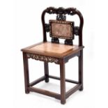 Good Chinese carved hardwood hall chair, the foliate carved back and seat inlaid with red marble