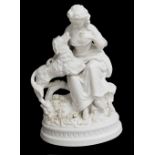 Parian figural group of a lady seated, feeding a dog by her side, modelled on a naturalistic base
