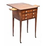 Small Regency mahogany sewing table, the rosewood and boxwood banded top with a single drop leaf